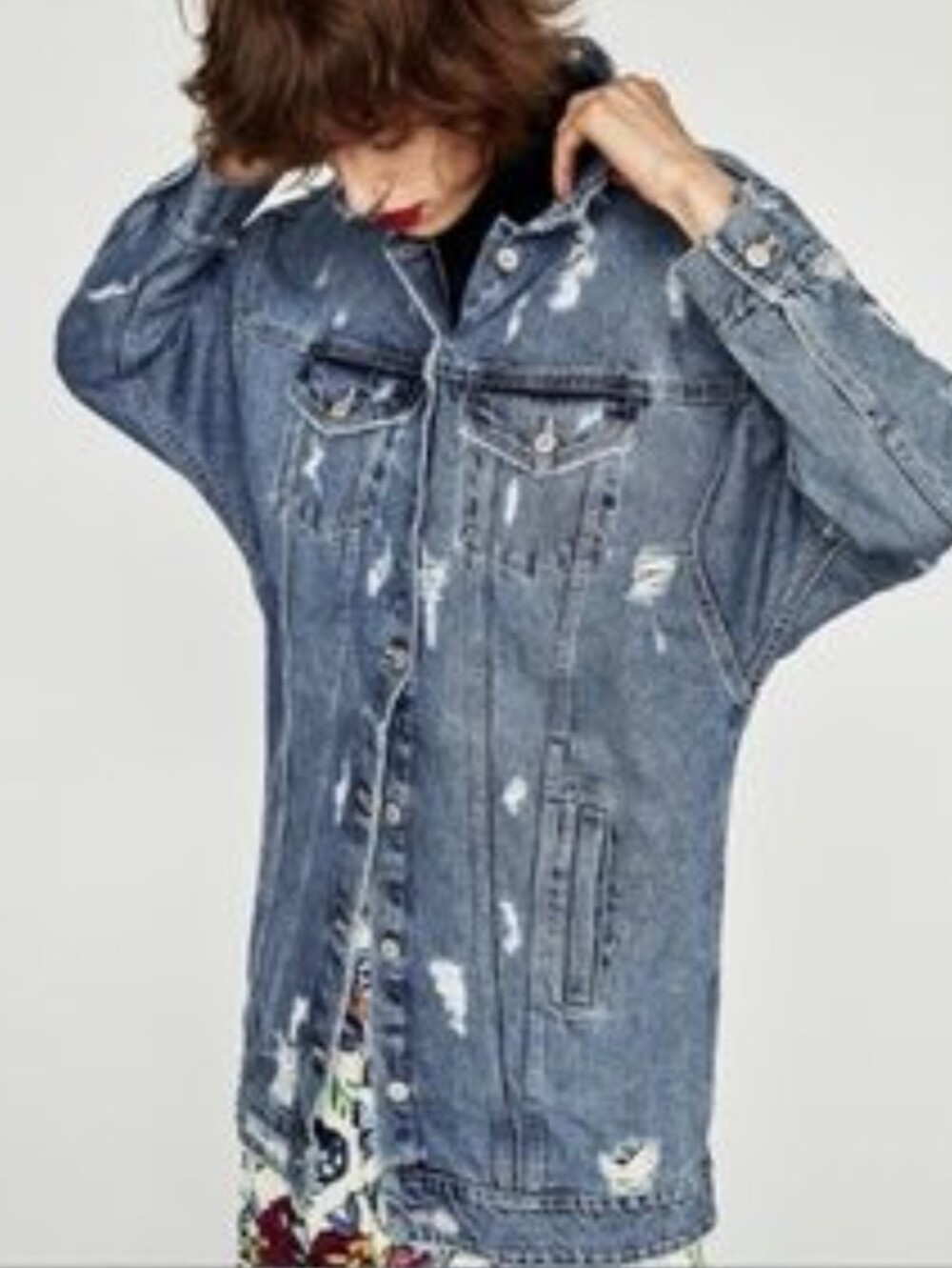 Zara Oversized Distressed Denim Jacket - Blue